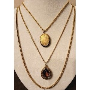 Vintage Goldette Faux Amethyst Teardrop Pendant & Locket Multi Chain Necklace